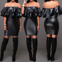 Sexy Solid Color Off Shoulder Backless Ruffle Slim Fit PU Dress