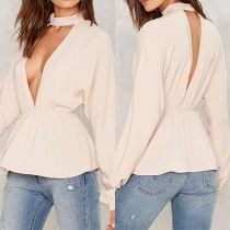 Sexy Solid Color Deep V-neck Long Sleeve Back Hollow Out Gathered Waist Tops