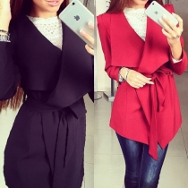 Fashion Solid Color Lapel Long Sleeve Gathered Waist Cardigan