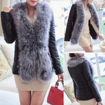 Fashion Long Sleeve Faux Fur Slim Fit PU Coat