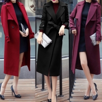 Fashion Lapel Long Sleeve 2 Side Pockets Woolen Trench Coat with Waist Strap