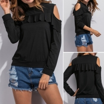 Sexy Solid Color Round Neck Cold Shoulder Long Sleeve Ruffle T-shirt