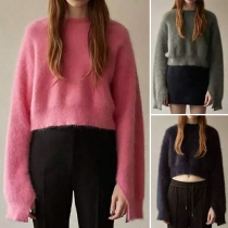 Stylish Solid Color Round Neck Slit Long Sleeve Crop Sweater