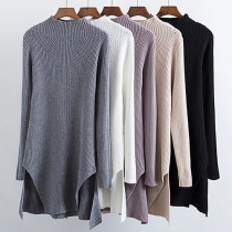 Fashion Solid Color Long Sleeve Round Neck Side Slit Slim-fitting Knit Sweater
