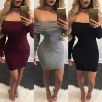 Sexy Solid Color Off Shoulder Backless Long Sleeve Ribbed Dress