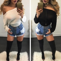 Sexy Solid Color Off Shoulder Bat Sleeve Loose-fitting Sweater