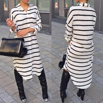 Fashion Lapel Button-tab Sleeve Single-breasted Irregular Hemline Striped Blouse Dress