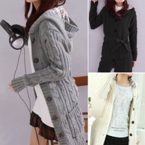 Fashion Solid Color Single-breasted Hooded Long Sleeve Sweater Coat