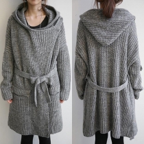 Trendy Solid Color Long Sleeve Hooded Knit Cardigan with Waist Strap
