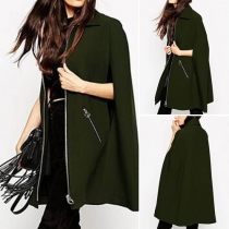 Fashion Solid Color Lapel Front Zipper Cloak For Women