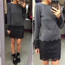 Stylish Lace Spliced Round Neck Long Sleeve Slim Fit Dress
