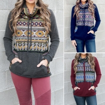 Casual Style Front Pocket Long Sleeve Turtleneck Printed Sweatshirt
