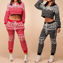 Stylish Printed Hooded Long Sleeve Crop Tops + Drawstring Waist Pants Two-piece Set