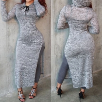 Casual Style Front Lace-up Long Sleeve Hooded Side Slit Maxi Dress