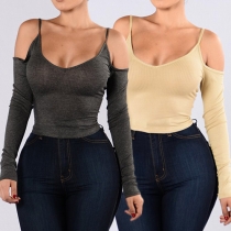 Sexy Solid Color Cold Shoulder Low-cut Long Sleeve Backless Sling T-shirt