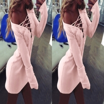 Sexy Solid Color Front Lace-up V-neck Long Sleeve Dress