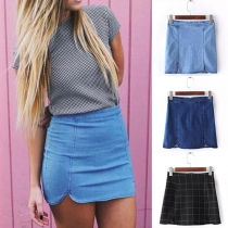 Fashion Slit Hem Lattice Denim Bust Skirt