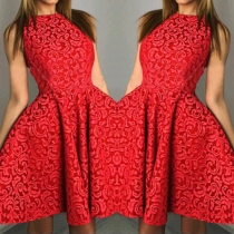 Elegant Solid Color Round Neck Sleeveless Gathered Waist Lace Swing Dress