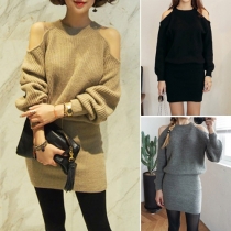 Sexy Solid Color Round Neck Long Sleeve Cold Shoulder Knit Sweater Dress