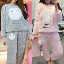 Cute Style Owl Printed Round Neck Long Sleeve Fuzzy Sleepwear Two-piece Set
