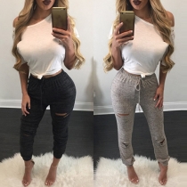 Casual Style Solid Color Hollow Out Drawstring Waist Women's Pants