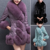 Elegant Solid Color Artificial Fur Collar Long Sleeve PU Overcoat