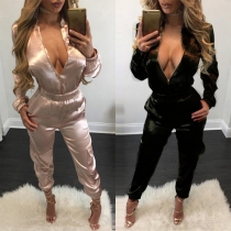 Sexy Solid Color Zipper V-neck Long Sleeve Gathered Waist Jumpsuit