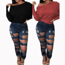 Sexy Solid Color Oblique Shoulder Bat Sleeve Knit Tops