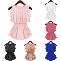 Sexy Solid Color Round Neck Sleeveless Crinkel Gathered Waist Ruffle Dress