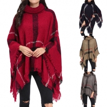 Fashion Turtleneck Lattice Tassel Knit Sweater Shawl