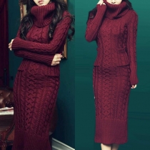 Fashion Solid Color Turtleneck Long Sleeve Back Slit Sweater Dress