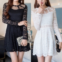 Sexy Solid Color Lace Spliced Round Neck Long Sleeve Hollow Out Gathered Waist Dress