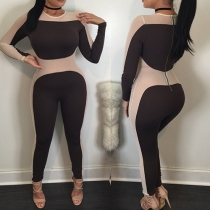 Sexy Contrast Color Round Neck Long Sleeve Slim Fit Jumpsuit