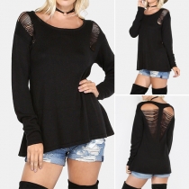 Stylish Solid Color Round Neck Long Sleeve Hollow Out Knit Sweater