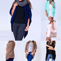 Fashion Solid Color Bat Sleeve Irregular Hemline Knit Sweater Cardigan