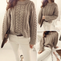 Fashion Solid Color Round Neck Long Sleeve Twisted Crop Sweater