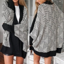 Fashion Contrast Color Printed Bat Sleeve Sweater Cardigan