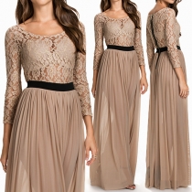 Elegant Lace Chiffon Spliced Round Neck Long Sleeve Gathered Waist Maxi Dress
