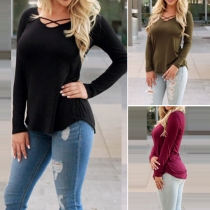 Stylish Solid Color Front Crossover Long Sleeve T-shirt