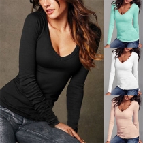 Sexy Solid Color V-neck Long Sleeve Slim Fit T-shirt