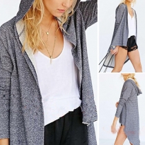 Fashion Solid Color Long Sleeve Hooded Side Slit Dovetail Hem Cardigan