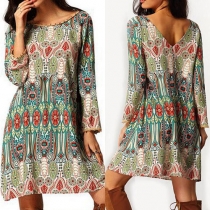 Ethnic Style Printed Round Neck V Back Bracelet Sleeve Loose-fitting Dress
