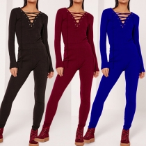 Sexy Solid Color Front Lace-up V-neck Long Sleeve Slim Fit Jumpsuit