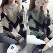 Fashion Wave Printed Round Neck Long Sleeve Relaxed Knit Sweater