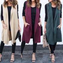 Fashion Solid Color 2 Side Pockets Lapel Sleeveless Cardigan