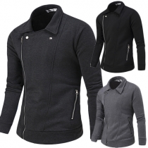 Casual Style Solid Color Lapel Long Sleeve Oblique Zipper Men's Sweatshirt