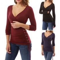 Sexy Solid Color V-neck Side Lace-up Long Sleeve T-shirt