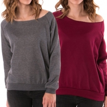 Casual Style Solid Color Oblique Shoulder Long Sleeve Women's Sweatshirt