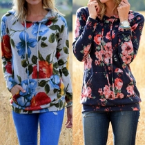 Sweet Style Floral Printed Front Pocket Hooded Long Sleeve Sweatshirt
