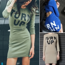 Casual Style Letters Printed Cut-out Back Round Neck 3/4 Sleeve Dress